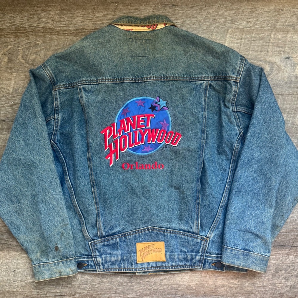 Planet Hollywood Orlando Denim Trucker Jacket L Distressed Blue Embroidered Back